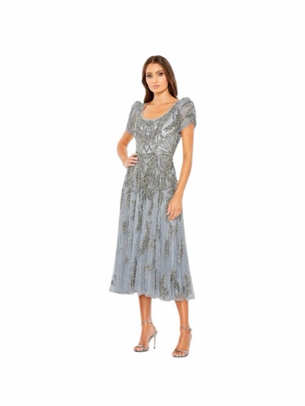 Size 16 MacDuggal Slate Blue/ Gray Beaded Cap Sleeve A line dress